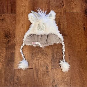 Justice girls unicorn initial M winter hat white silver tinsel braid fur